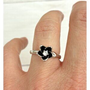 Womens Silver Tone Flower Ring Black Enamel Floral Statement Size 6